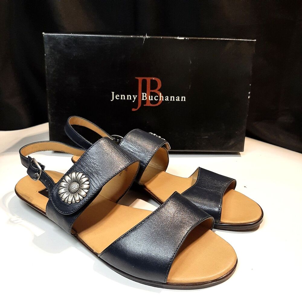 Vtg Jenny Buchanan Sandals Womens 9 Black Leather Adjustable Flower Summer Flats